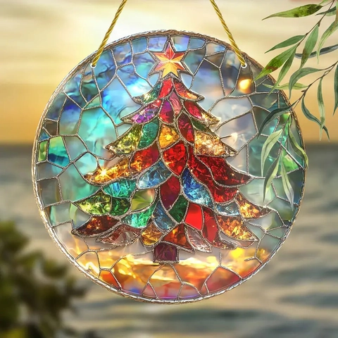 Christmas Hanging Ornament Acrylic Round Stained Glass Style Santa Snowman Reindeer Gingerbread Man Holiday Window Decor