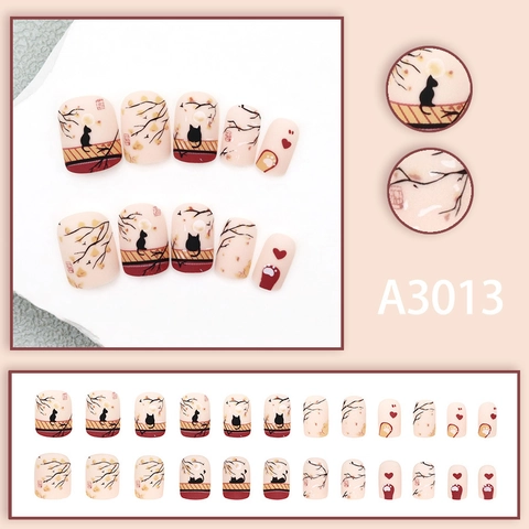 Vintage Chinese Style Press On Nails Matte Short Square Artificial Nails Black Cat Moon Silhouette Design