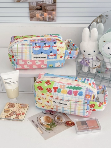 Gewatteerde Katoenen Cosmetische Tas Schattige Cartoon Print Colorblock Makeup Tasje Met Handvat Opbergtas Voor Travel