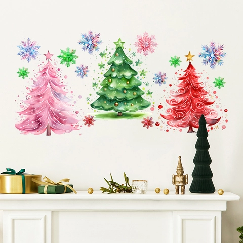 Christmas Wall Stickers PVC Waterproof Self-Adhesive Watercolor Trees Snowflakes Living Room Bedroom Holiday Home Decor