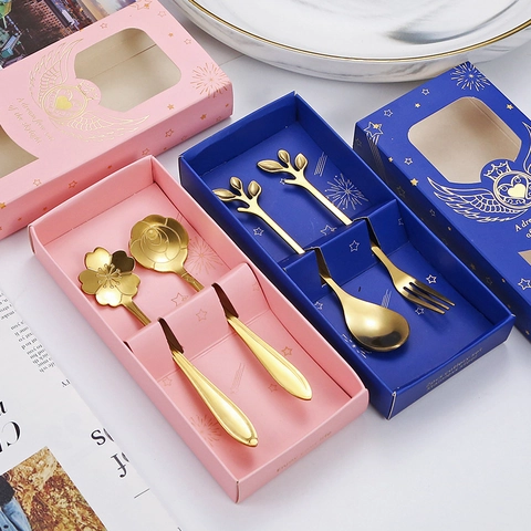 Stainless Steel Flower Leaf Coffee Spoon Fork With Gift Box Mirror Polished Gold Dessert Spoon For Wedding Birthday Party