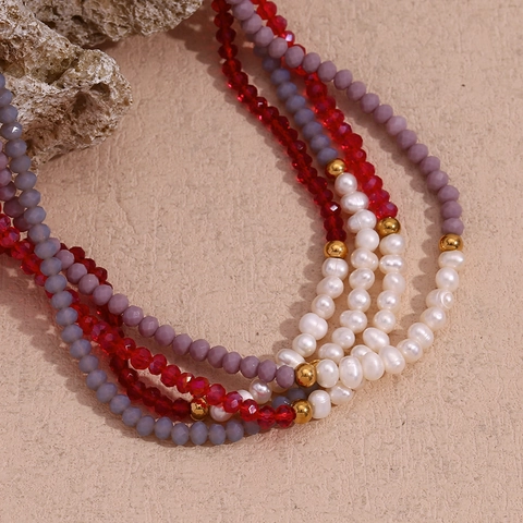 Beaded Necklace With Freshwater Pearl Faceted Crystal 18K Gold Plated Stainless Steel Handmade Retro Jewelry For Women