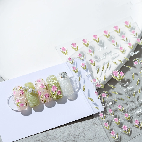 5D Embossed Nail Art Stickers Pink Tulip White Floral Relief Design Self Adhesive Decals French Chic Manicure Decoration
