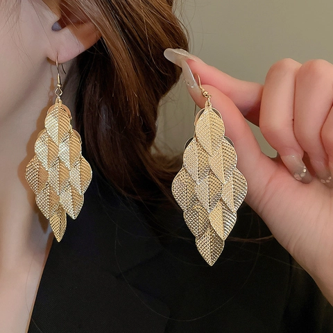 Multi Layer Textured Leaf Dangle Earrings Alloy Fringe Tassel Hook Ear Jewelry With Steel Earring Post For Women