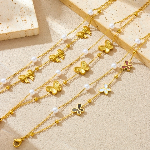 Layered Bracelet Gold Plated Stainless Steel Butterfly Bow Artificial Pearl Jewelry For Women Simple Sweet Style Elegant
