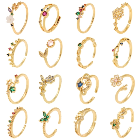 Fashion Adjustable Open Rings Copper Gold Plated Cubic Zirconia Flower Crown Heart Star Designs Sweet Elegant Jewelry For Women Girls