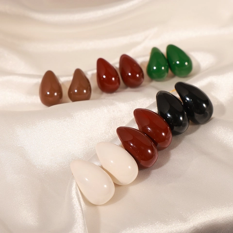 French Vintage Teardrop Stud Earrings Copper Enamel Glaze Glossy Water Drop Minimalist Jewelry With Stainless Steel Post