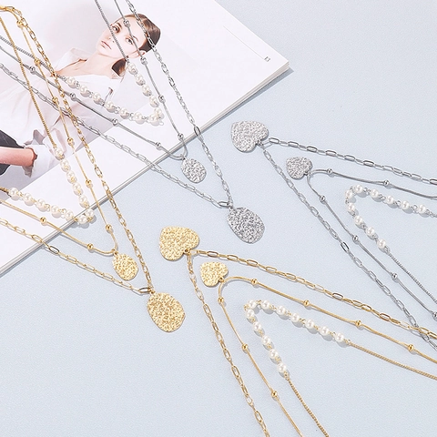 Multilayer Necklace And Earrings Jewelry Set Stainless Steel Faux Artificial Pearl Hammered Heart Pendant Layered Stylish For Women