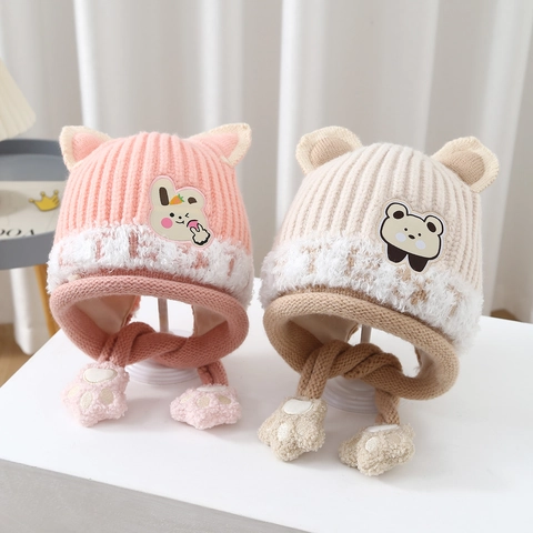 Kids Winter Knitted Ear Protection Hat Cute Cartoon Animal Design Fleece Lined Warm Thick Windproof Beanie For Toddlers