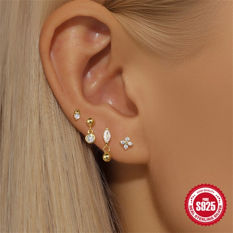 S925 Sterling Zilver Geometrische Zirconia Oorknopjes Voor Vrouwen Verguld Minimalistisch Mode Sieraden Piercing Cadeau