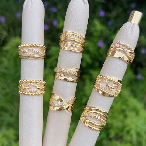 Fashion Adjustable Rings Copper 18K Gold Plated Zircon Geometric Multi Layer Wavy Chain Link Braided Open Design For Women