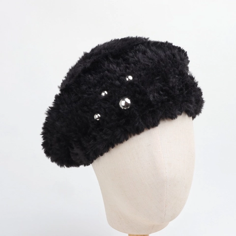 Boina De Piel De Conejo Sintética Para Mujer Con Cuentas De Metal Gorro De Invierno Grueso Y Cálido Estilo Coreano Elegante