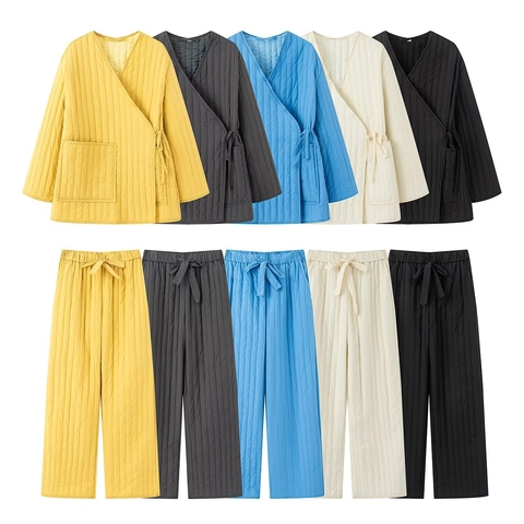 Women Quilted Pajama Top And Pants Long Sleeve Kimono Style Wrap Warm Loungewear Solid Color Polyester