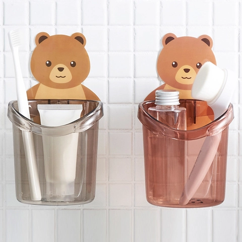 Portaspazzolino a Forma di Orso Cartone Animato Montaggio a Parete in Plastica Tazza Portaoggetti Bagno Senza Foro Adesiva