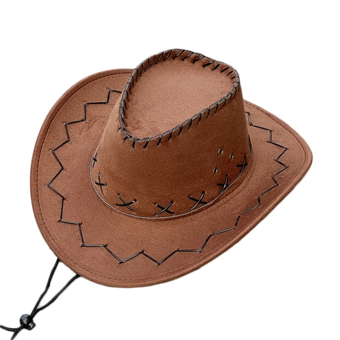 Western Cowboy Hat Faux Suede Wide Brim Stitching Decoration Adjustable Chin Strap Outdoor Cosplay For Men Women Kids
