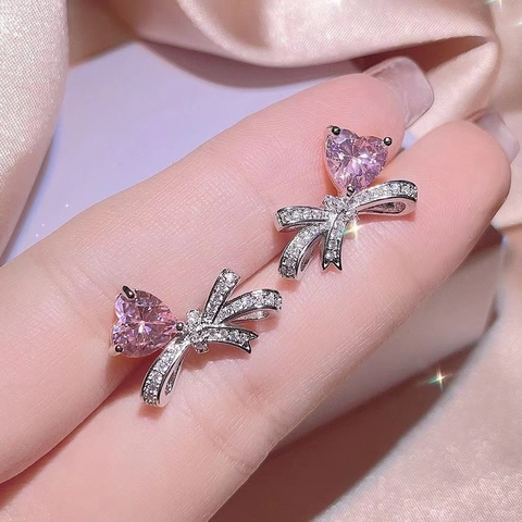 Pink Heart Bowknot Necklace Earrings Adjustable Ring Alloy Cubic Zirconia Sparkling Fashion Elegant Jewelry Women Gift