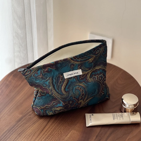Vintage Jacquard Fabric Cosmetic Makeup Bag With Embroidery Butterfly Paisley Pattern Zipper Pouch Clutch For Women