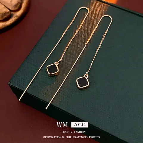 Geometric Long Threader Earrings Alloy Black Square Pendant With 925 Sterling Silver Earring Post Minimalist Fashion