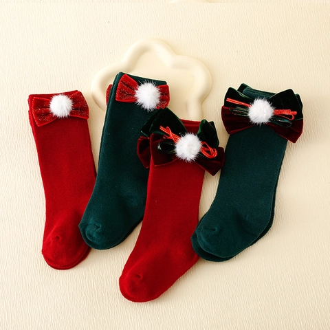 Calze Al Polpaccio Di Natale Per Neonati Bambini Maglia Di Cotone Fiocco In Velluto Pompon Bianco Rosso Verde Festivo