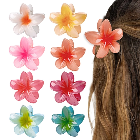 Pinces à Cheveux Fleur de Frangipanier Résine Couleur Dégradée Antidérapante pour Femmes Filles Accessoires Cheveux Plage Été
