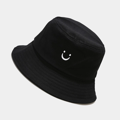 Smiley Face Embroidery Cotton Canvas Bucket Hat Unisex Casual Sun Protection Outdoor Wide Brim Fisherman Hat
