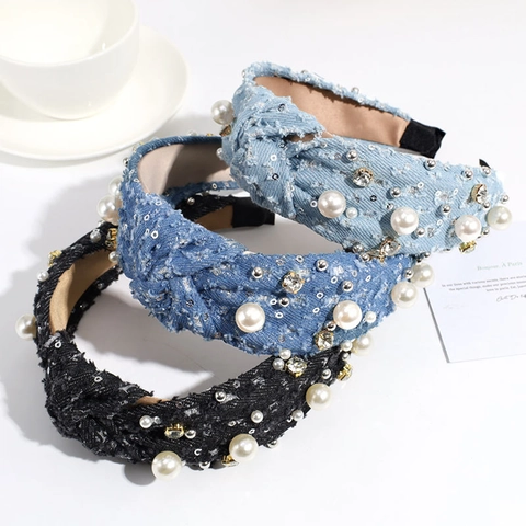 Diadema Ancha Anudada De Tela Vaquera Con Perlas Artificiales Artificiales Y Pedrería Cinta Para El Pelo Moda Mujer Accesorios