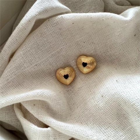 Heart Stud Earrings Rippled Texture Black Center Accent 925 Sterling Silver Earring Post Elegant Korean INS Style