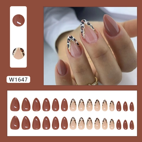 Almond Press On Nails Brown Red Solid Color Leopard Print French Style With Gold Glitter V Line Detachable Fake Nails