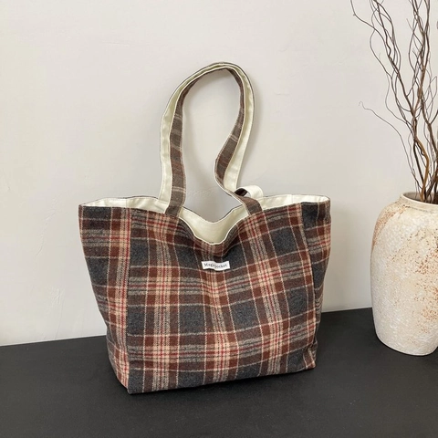 Canvas Plaid Tote Bag Damen Große Kapazität Wendbare Schulterhandtasche Lässig Retro Briefdruck