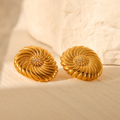 Vintage 18K Gold Plated Stainless Steel Stud Earrings With Zircon Inlay Spiral Texture Oval Jewelry For Women