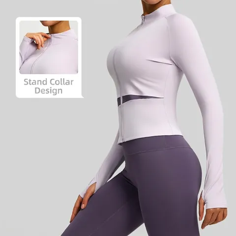 Damen Yoga Jacke Reißverschluss Langarm Sportoberteil Stehkragen Schmale Passform Daumenlöcher Mesh Patchwork Fitness Training