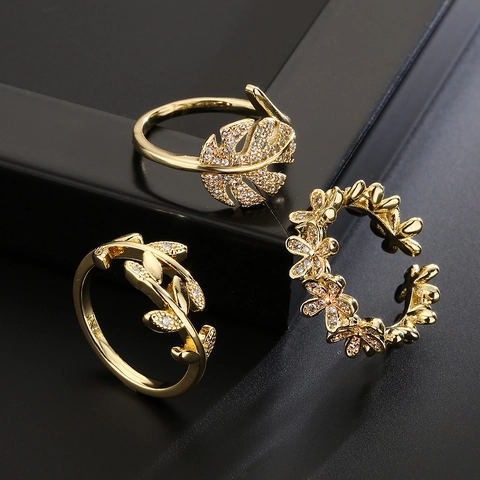 Adjustable Copper Open Ring 18K Gold Plated Micro Inlaid Zircon Leaf Floral Geometric Aesthetic Fashion Jewelry Women