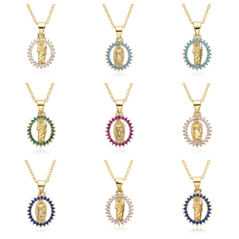 Religious Pendant Necklace Copper 18K Gold Plated Cubic Zirconia Medallion Virgin Mary St Jude Faith Jewelry For Women
