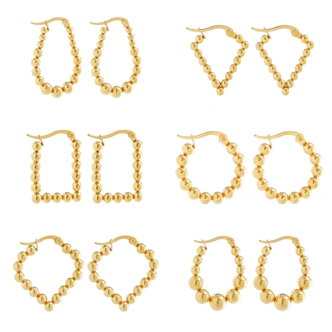 Minimalist Stainless Steel Beaded Geometric Hoop Earrings For Women Luxury Gold Plated Metal Ball Heart Round Ear Studs Trendy Daily Fashion Jewelry Gift