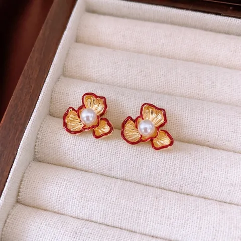 Pendientes De Flor Roja Retro Francesa Con Perla Artificial Y Poste De Plata Esterlina 925 Cobre Chapado En Oro Para Mujer