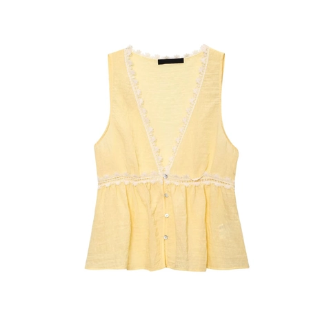 Women Lace Trim V-Neck Tank Top Button-Down Sleeveless Peplum Hem Ruffle Casual Summer Polyester Camisole Yellow
