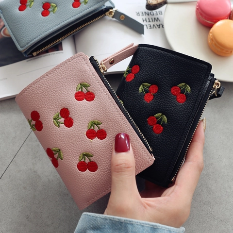 Women Small Wallet Cherry Embroidery Lychee Texture PU Leather Zipper Short Bifold Purse Card Slots Student Sweet Fashion
