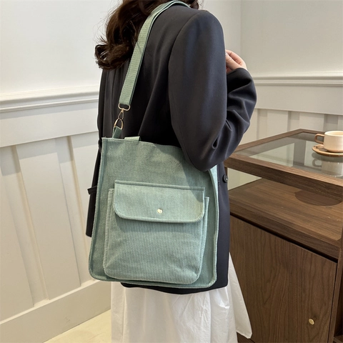 Corduroy Women Shoulder Bag Tote Handbag With Front Flap Pocket Adjustable Strap Zipper Versatile Fashion Retro Style