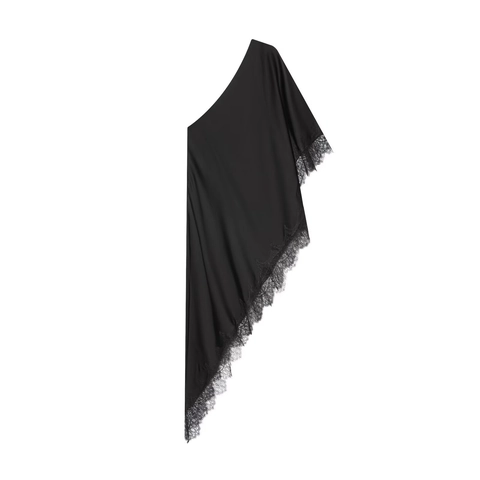 Top In Satin Asimmetrico Monospalla Da Donna Nero Senza Maniche Camicetta Casual Chic Con Bordo In Pizzo