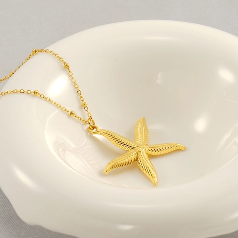 Starfish Necklace And Earrings 18K Gold Plated Stainless Steel Ocean Theme Pendant Vintage Vacation Jewelry For Women