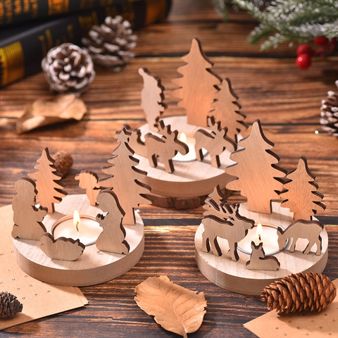 Christmas Candle Holder Wooden Nativity Santa Reindeer Tabletop Ornament Tea Light Stand Laser Cut Wood Decor