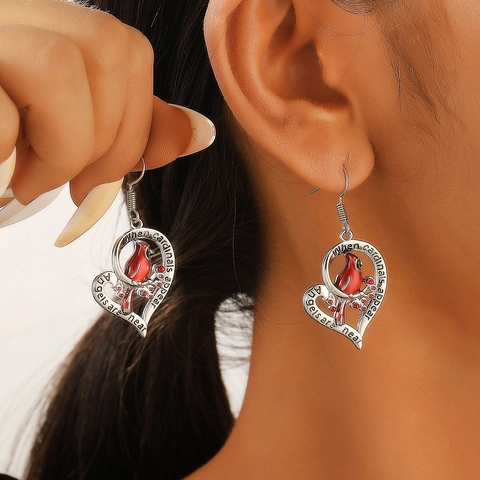 Alloy Cardinal Bird Heart Drop Earrings Red Enamel Hollow Inscribed Animal Jewelry For Women Commemorative Daily Gift
