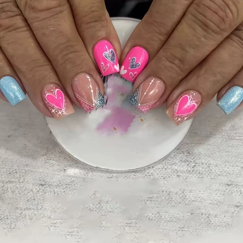 Uñas Postizas Cortas Cuadradas Patrón Corazón Brillo Línea Francesa Rosa Azul Bloque De Color Dulce
