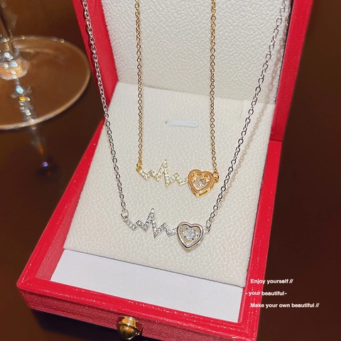 Herzschlag EKG Herz Anhänger Halskette Titanstahl Zirkon Funkelnder Tanzender Stein Schlüsselbein Kette Minimalistischer Schmuck
