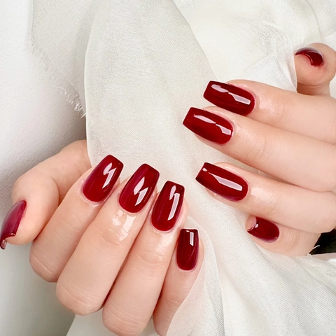 Uñas Postizas Press On Largas Coffin Rojo Vino Brillante Cobertura Completa Uñas Artificiales Elegantes Para Mujeres