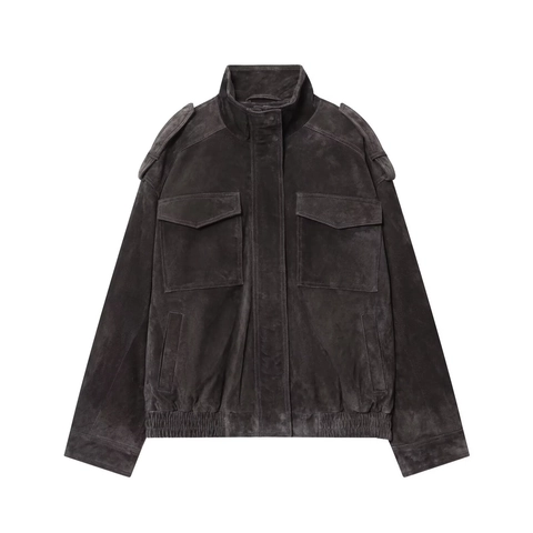 Women Faux Suede Jacket Stand Collar Cargo Style Epaulets Zipper Solid Color Casual Fashion Retro Autumn Outerwear