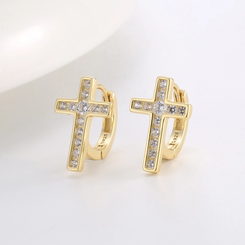 Orecchini a Cerchio a Croce in Argento Sterling S925 Placcato Oro 14K per Donna Zirconia Intarsiata Gioielli di Moda