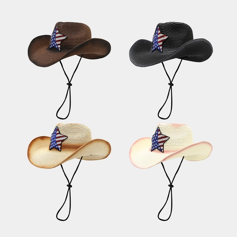 Western Cowboy Straw Hat Wide Brim US Flag Star Sequin Patch Adjustable Chin Strap Vintage Summer Sun Protection