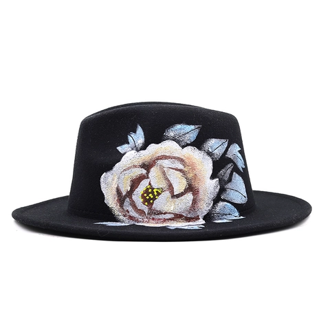 Breitrandiger Fedora Hut Handbemalte Blume Polyester Filz Jazz Kappe Für Herren Damen Reise Party Künstlerischer Stil
