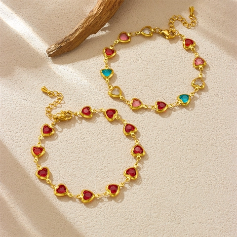 Heart Shaped Bracelet Stainless Steel With Faceted Colored Glass Rhinestone Adjustable Chain Elegant Jewelry For Women